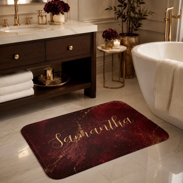 Tapete De Banheiro Adorável Mármore Borgonha Dourado Script  (Criador carregado)