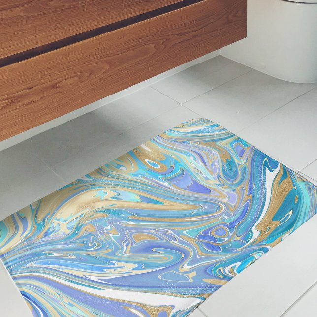 Tapete De Banheiro Água pearlescente e Dourado mármore líquido (Aqua & Gold Marble Paint Pour Art Bath Mat - Artistic Bathroom Accessory)