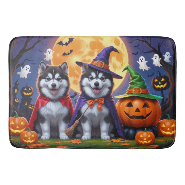 Tapete De Banheiro Alaskan Malamute Dogs Pumpkin Halloween Engraçado (Frente)