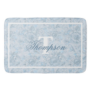 Tapete De Banheiro Algodão francês Dusty Blue Floral Monograma