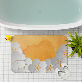 Tapete De Banheiro Amarelo-Laranja Aquarela e Flores Brancas