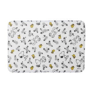Tapete De Banheiro Amendoins | Padrão de Flor B&W Snoopy & Woodstock