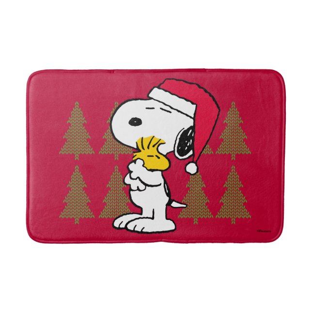 Tapete De Banheiro Amendoins | Snoopy & Woodstock Santa Claus Hug (Frente)
