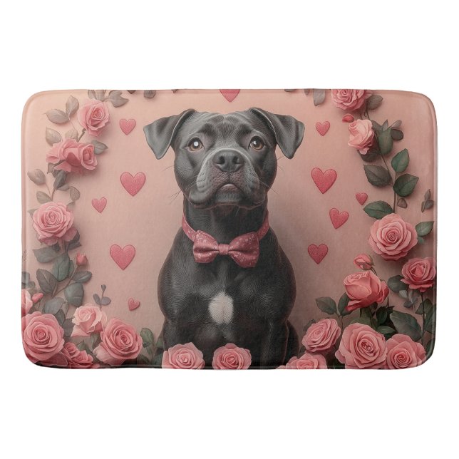 Tapete De Banheiro American Staffordshire com Rosa-Dia de os namorado