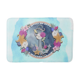 Tapete De Banheiro Âncora Floral Náutica Moderna Aquarela Azul
