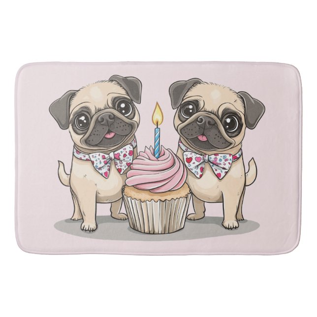 Tapete De Banheiro Aniversário Cupcake de Cães Pug (Frente)