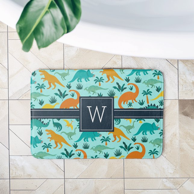 Tapete De Banheiro Aqua | Monograma - Padrão De Dinossauro Colorido (Criador carregado)