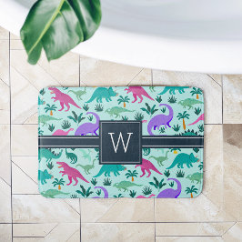 Tapete De Banheiro Aqua | Monograma - Padrão De Dinossauro Colorido