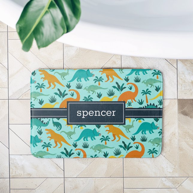 Tapete De Banheiro Aqua | Nome das Crianças de Padrão de Dinossauro C (Criador carregado)
