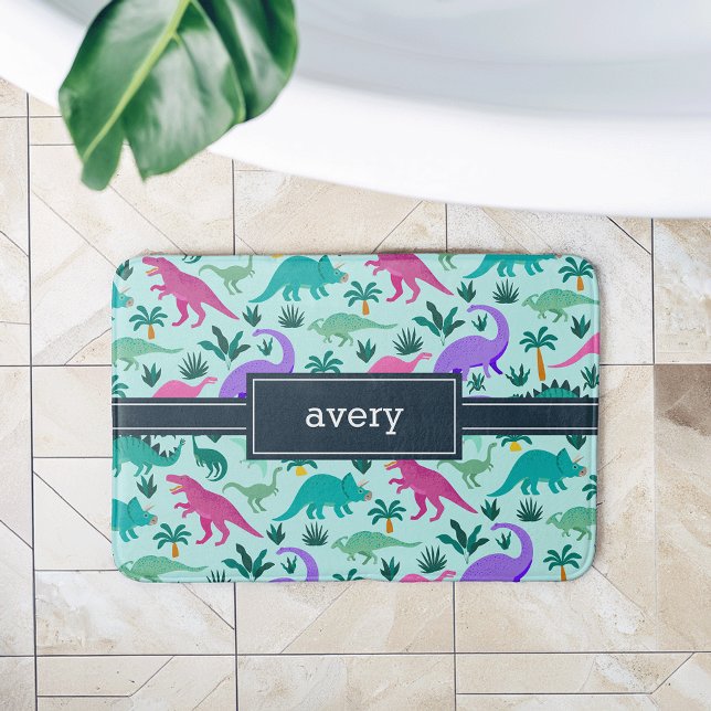 Tapete De Banheiro Aqua | Nome das Crianças de Padrão de Dinossauro C (Criador carregado)