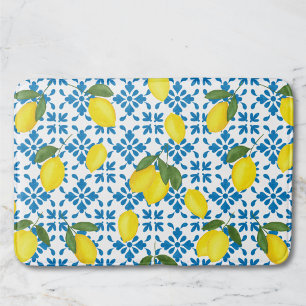 Tapete De Banheiro Aquarela Azulejo Azul Amarelo Limão Aquarela