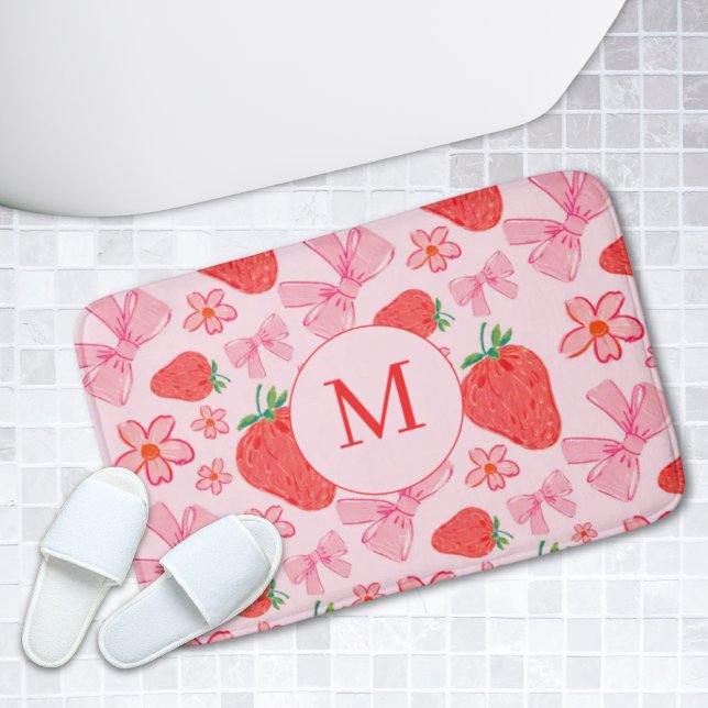 Tapete De Banheiro Arco Rosa e Morango Menino Monograma Bath Mat (Pink Bow & Strawberry Girly Monogram Bath Mat
)