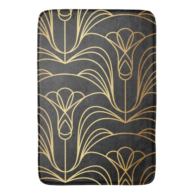 Tapete De Banheiro Art Deco Floral. Preto e Dourado (Frente Vertical)