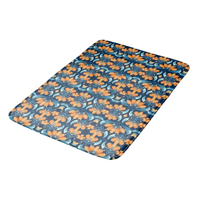 Tapete De Banheiro Art Deco - flores laranja azuis (Angulado)