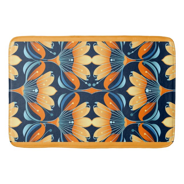 Tapete De Banheiro Art Deco - flores laranja azuis (Frente)