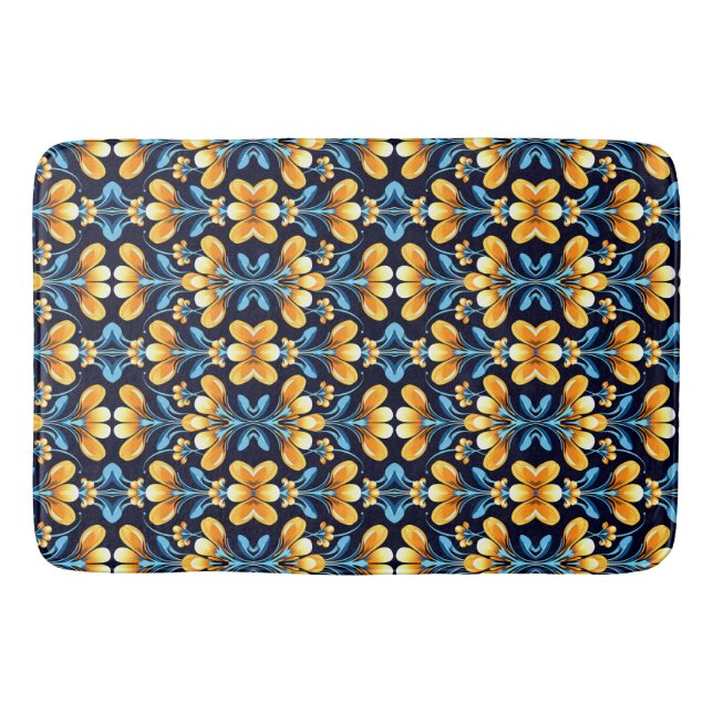 Tapete De Banheiro Art Nouveau laranja e azul Floral (Frente)