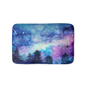 Tapete De Banheiro Arte do Espaço de Aquarela: Árvores do Céu Noturno