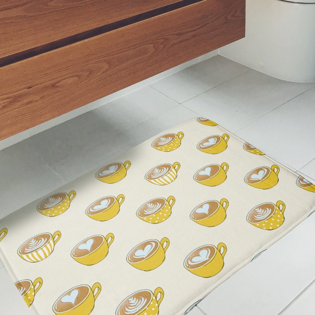 Tapete De Banheiro Arte em Latite em Prato Amarelo de Café (Yellow Latte Art Bath Mat)