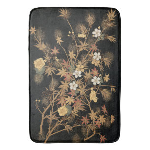 Tapete De Banheiro Arte Floral Outonal em Preto Dourado Japonês Vinta