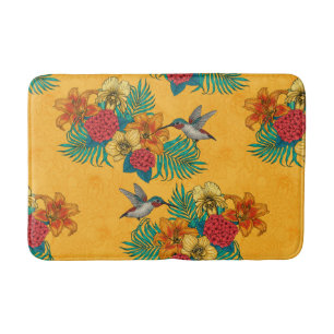 Tapete De Banheiro Aves e buquês tropicais em amarelo