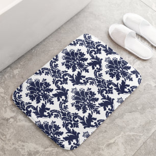 Tapete De Banheiro Azul, damasco floral sobre fundo branco