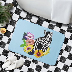Tapete De Banheiro Azul de Zebra Colorida Floral Fauna Margarida