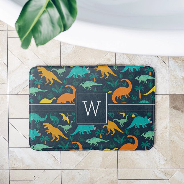 Tapete De Banheiro Azul Marinho | Monograma - Padrão De Dinossauro Co (Criador carregado)