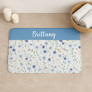 Tapete De Banheiro Azul Púrpura Aquarela Monograma de flor selvagem