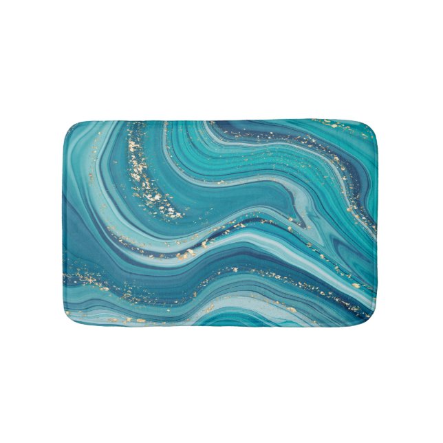 Tapete De Banheiro Azul Verde Marmoreado Dourado Bath Mat (frente)