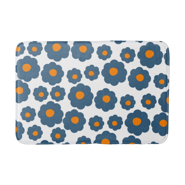 Tapete De Banheiro Azul Whimsical e Retro Floral Laranja, Cheio (Frente)