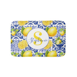 Tapete De Banheiro Azulejo Azul Branco com Limão Nome Monograma Citri