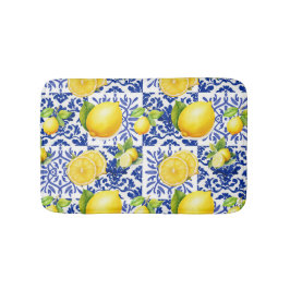 Tapete De Banheiro Azulejo Azul Branco com Padrão de Limão Citrino Me