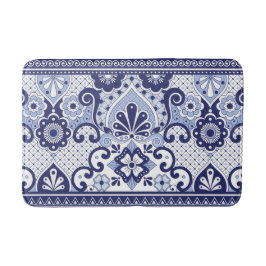 Tapete De Banheiro Azulejo de Arte Folclórica Mexicana Azul e Branco
