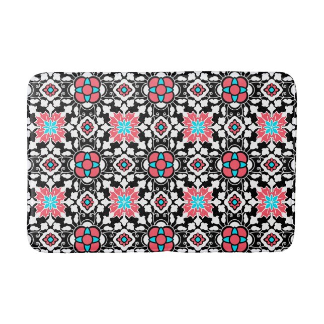 Tapete De Banheiro Azulejo floral marroquino, preto, branco e rosa-co (Frente)