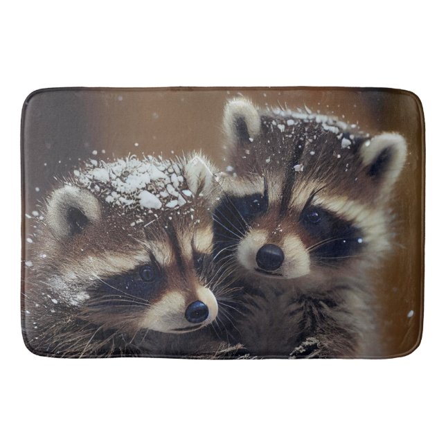 Tapete De Banheiro Baby Raccoons Huddle in Falling Snow (Frente)