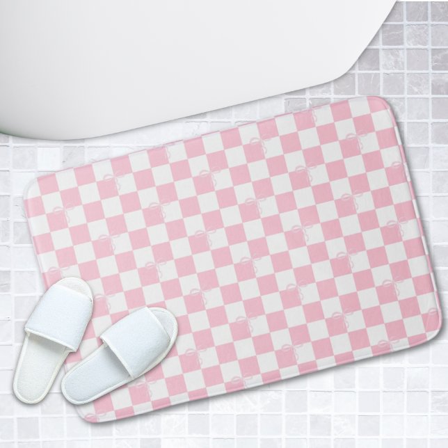 Tapete De Banheiro Banheira de Banheira de Banheira, Verificada a Ros (Pink Checkered Trendy Coquette Bathroom Bath Mat
)