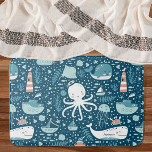 Tapete De Banheiro Banheira de marinho Azul e Branco-Padrão Marítimo