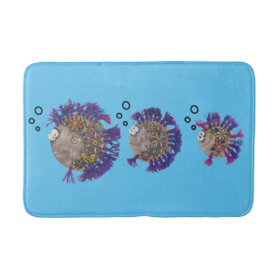 Tapete De Banheiro Bath Mat - Família de Peixes Azuis e Roxos