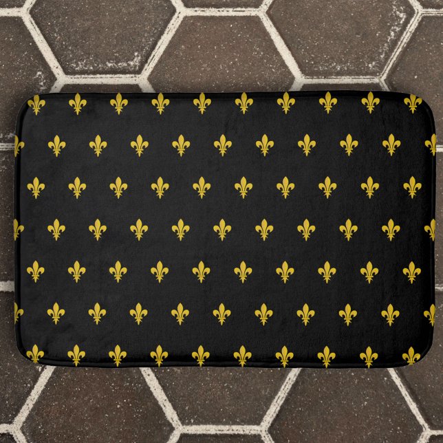 Tapete De Banheiro Bath Mat Preto com Fleur de Lis dourado (Black Bath Mat with gold Fleur de Lis)