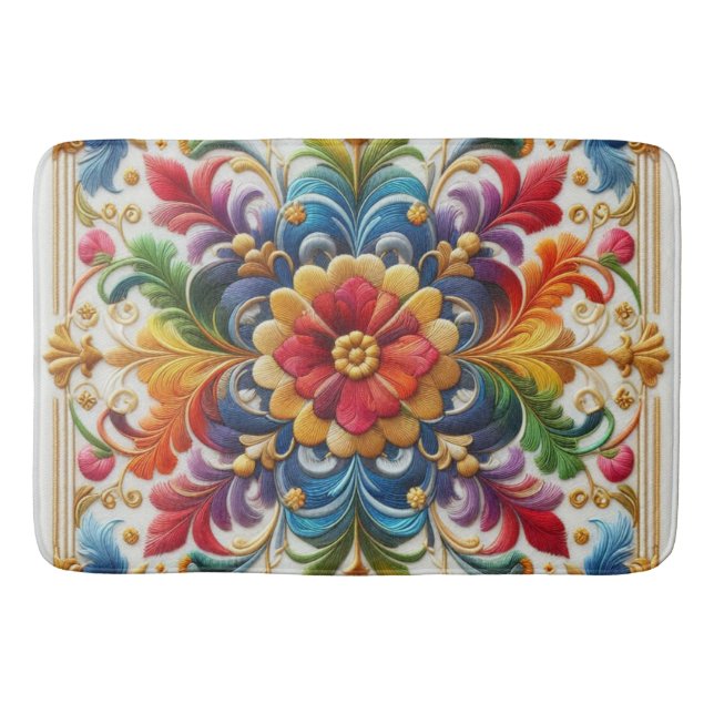 Tapete De Banheiro Bath Mat Rainbow Flowers Embroiderado Parecendo Fl (Frente)