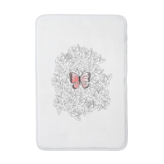 Tapete De Banheiro Bath Mat Rosa Butterfly com Rosas (Frente Vertical)