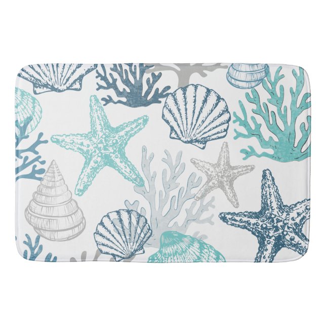 Tapete De Banheiro Bath Mat Seashell Starfish Padrão Azul E Teal (Frente)