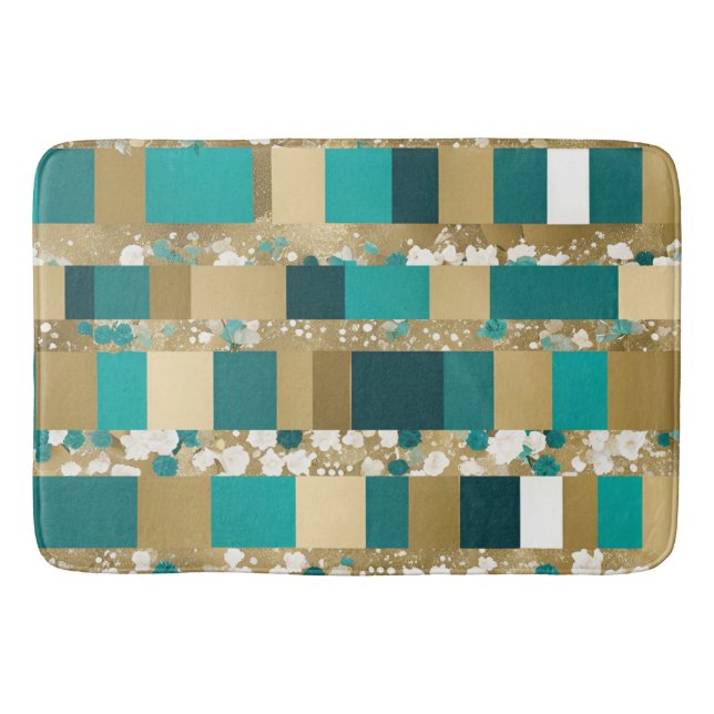 Tapete De Banheiro Bath Mat Teal Green E Geométrico Floral Dourado (Frente)