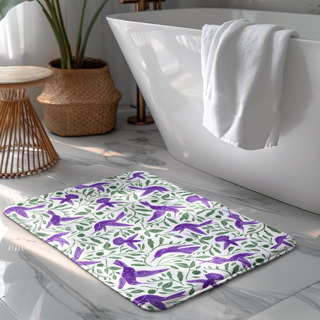 Tapete De Banheiro Beija-flores roxos com flores & folhas verdes (Criador carregado)