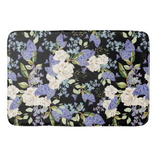 Tapete De Banheiro Belas Flores Lilás Rosas Roxo Azul no Preto