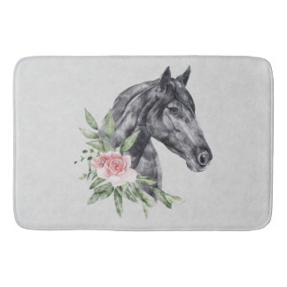 Tapete De Banheiro Belo Retrato de Cabeça de Cavalo Negro Aquarela