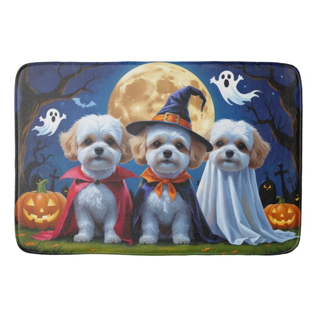 Tapete De Banheiro Bichon Frise Cães Pumpkin Halloween Engraçado (Frente)
