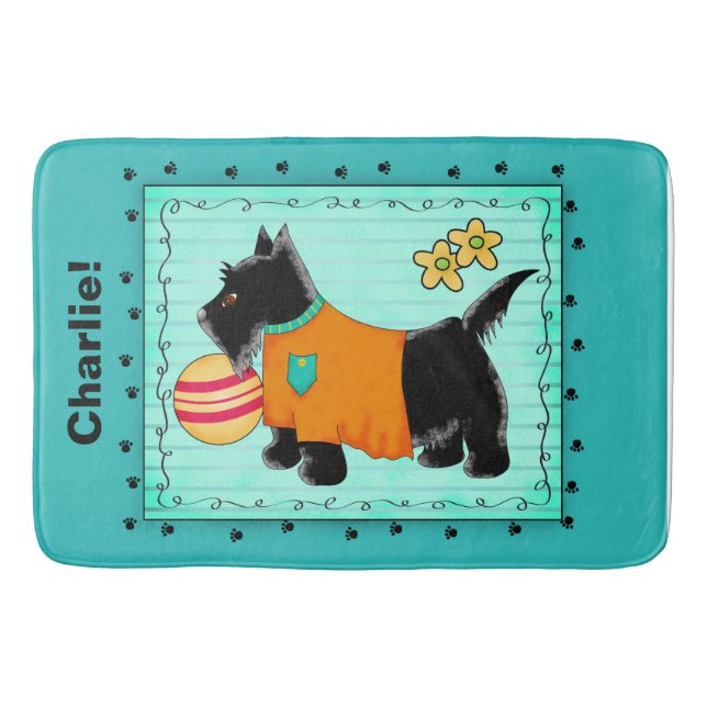 Tapete De Banheiro Black Scottie Dog Name Personalizado Turquoise Tea (Frente)