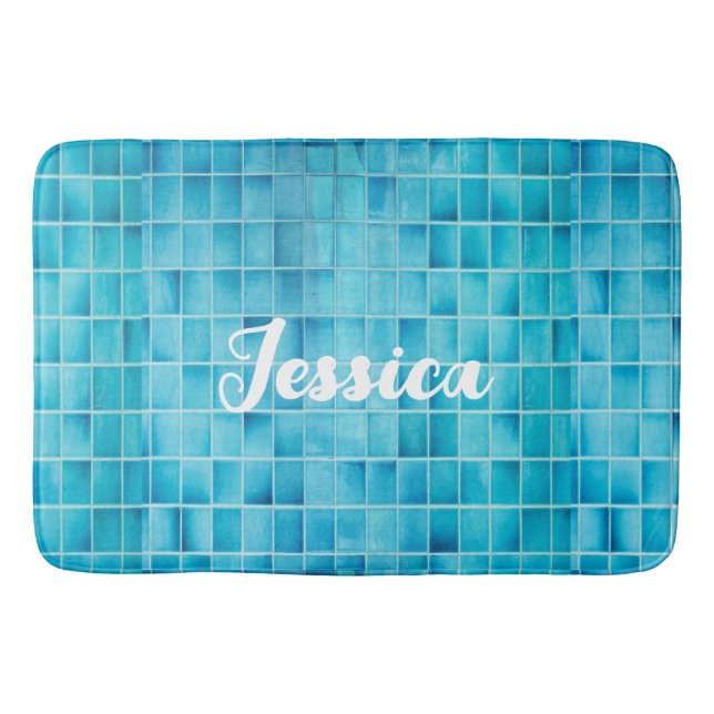 Tapete De Banheiro Blocos de azulejo de vidro azul mosaico (Frente)