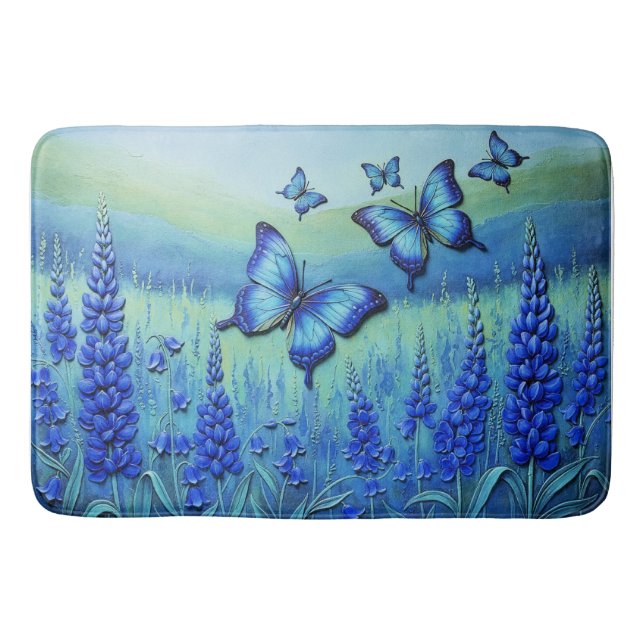 Tapete De Banheiro Blue Butterflies with Blue Flowers, (Frente)